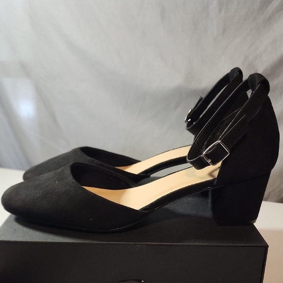 Black D'Orsay Suede Heels with Ankle Strap - Picture 4 of 8